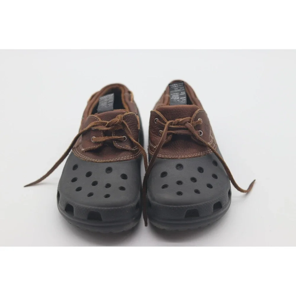 Crocs Leather Boat Shoe Clogs Brown Black Mens 6 Womens 8 Water Resistant Hybrid
